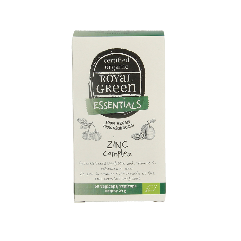 Royal Green Zinc Complex bio vegetarian capsules, mineral supplement with 60 capsules, showing the product packaging.
