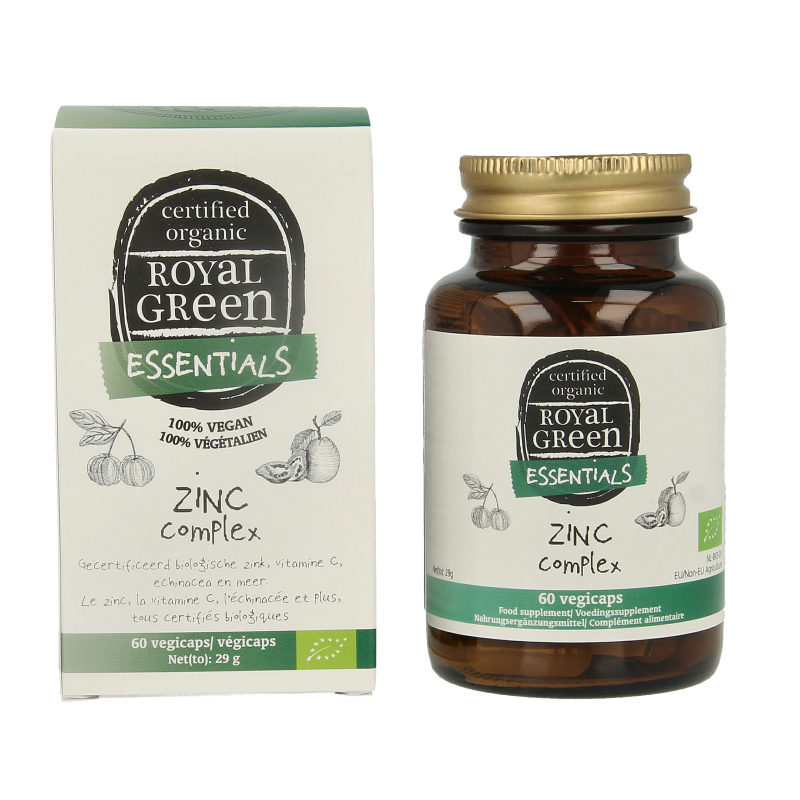 Royal Green Zinc Complex bio vegetarian capsules in a bottle, showcasing the zinc supplement for mineral health.