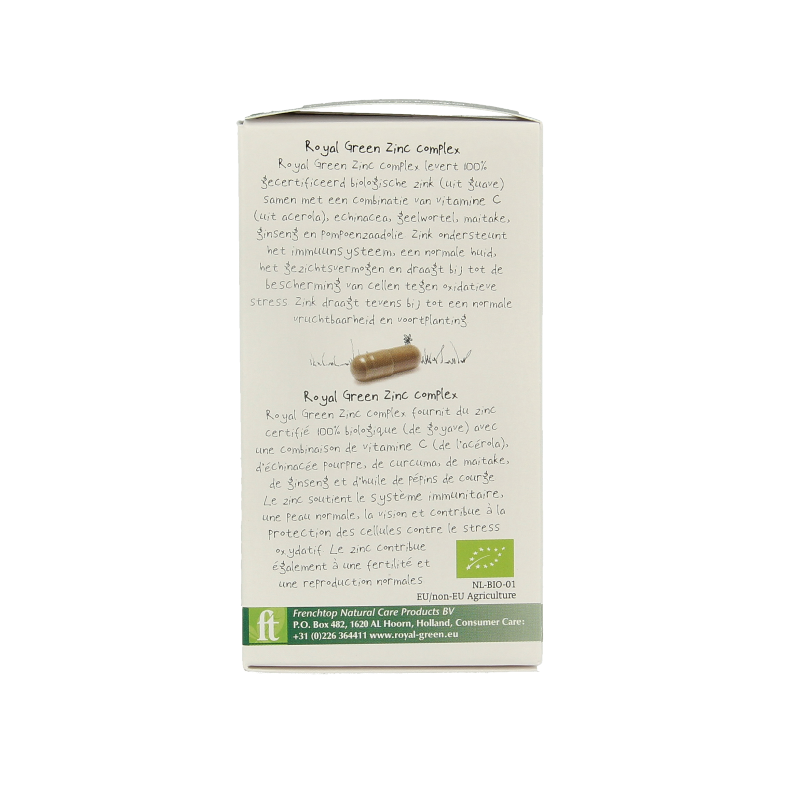 Royal Green Zinc Complex bio vegetarian capsules, 60 count, mineral supplement with zinc in a clear bottle.