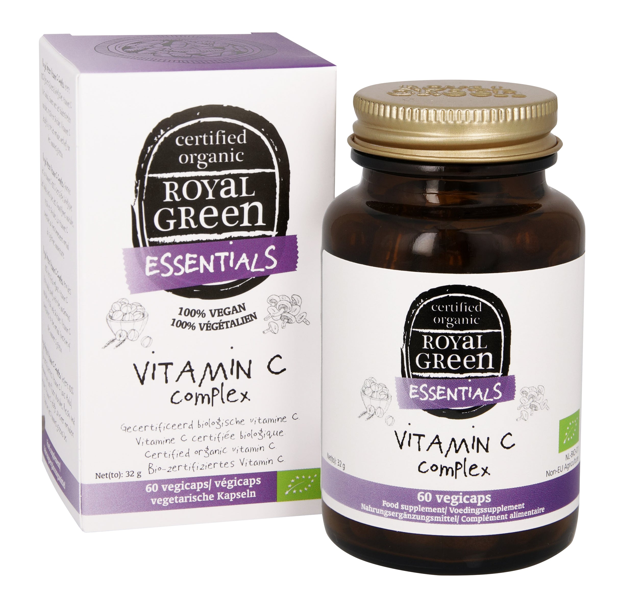 Royal Green Vitamin C Complex bio vegetarian capsules, dietary supplement for immune support, shown in a close-up image.