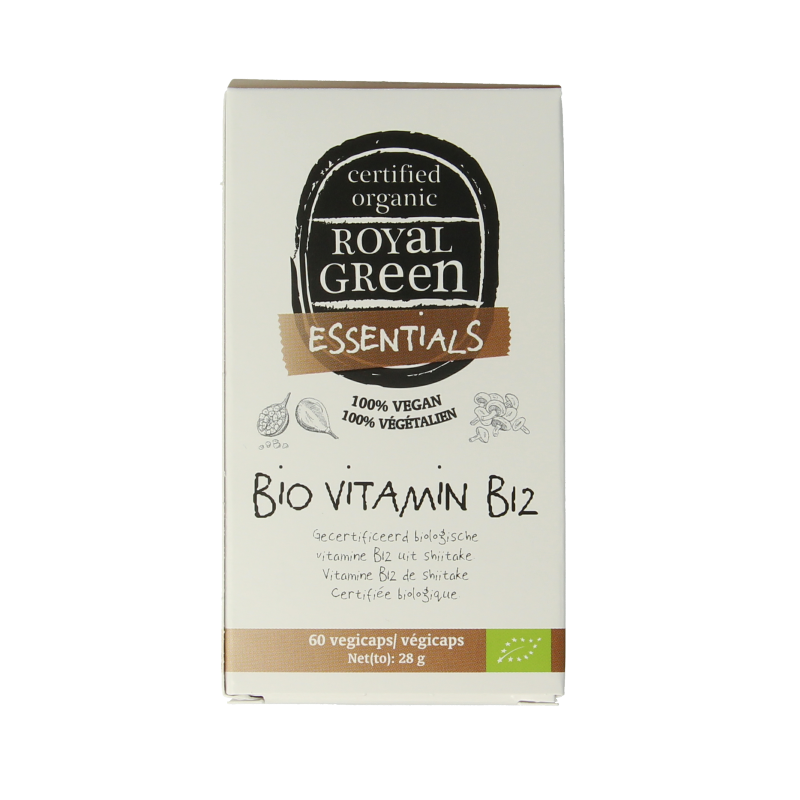 Royal Green Vitamin B12 bio capsules, 25mcg, vegetarian dietary supplement in a clear bottle with 60 capsules.