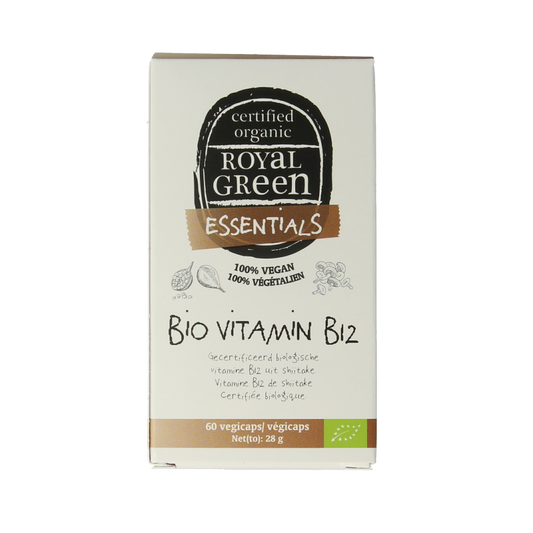Royal Green Vitamin B12 bio capsules, 25mcg, vegetarian dietary supplement in a clear bottle with 60 capsules.