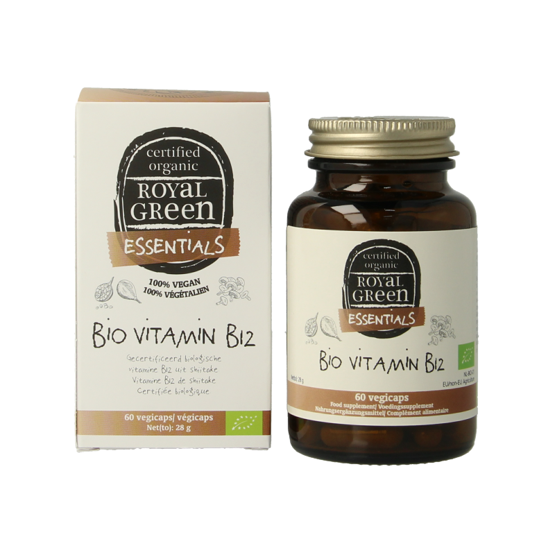 Royal Green Vitamin B12 25mcg vegetarian capsules, dietary supplement in green bottle with 60 capsules.