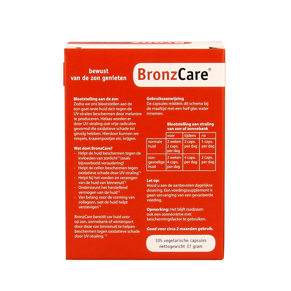 Bronzcare Multi Vitamin capsules in a bottle, dietary supplement with 105 capsules for daily vitamin support.