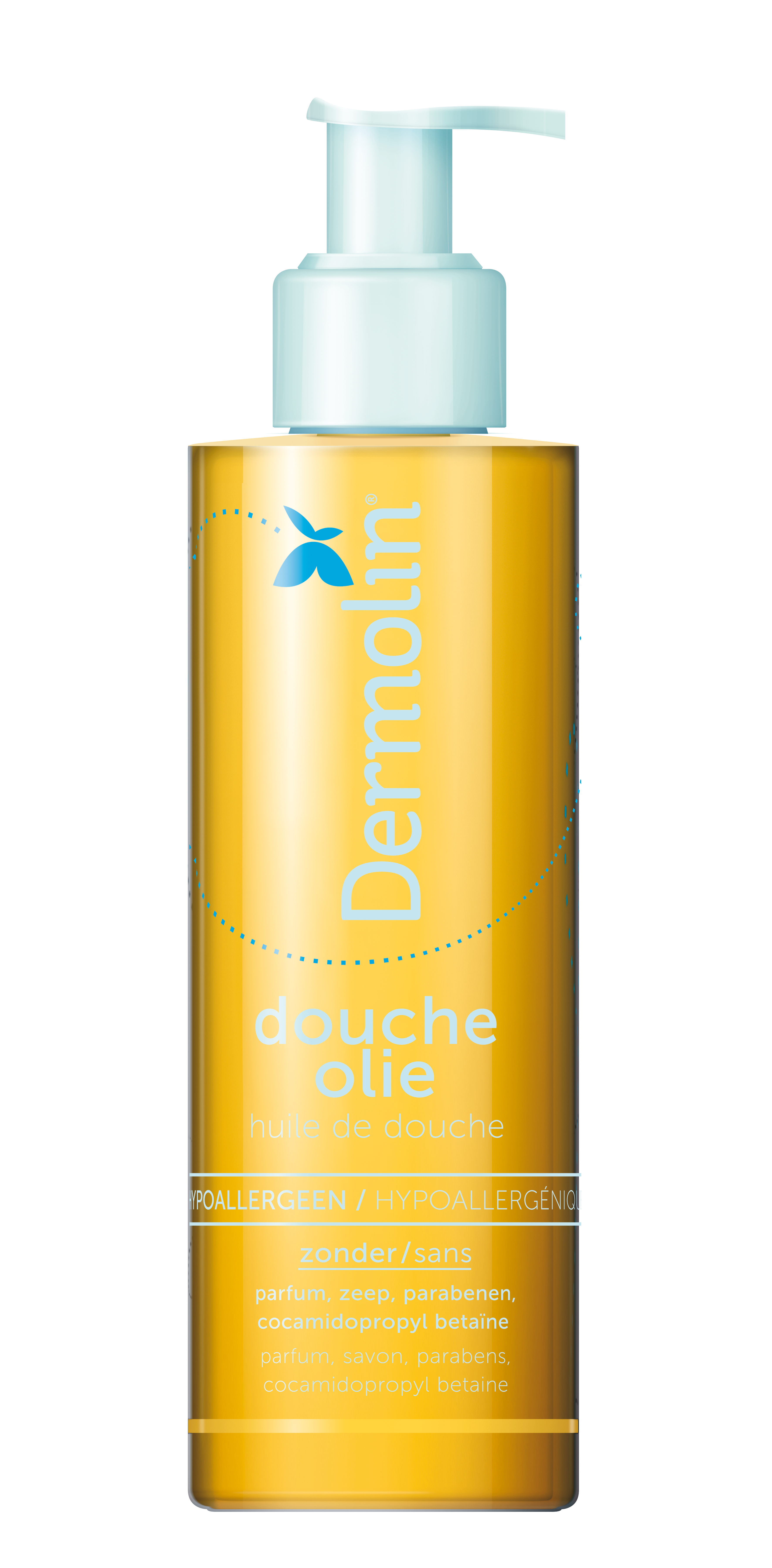 Dermolin Doucheolie 200ml bottle, natural shower gel with nourishing ingredients, shown in a clear plastic container.