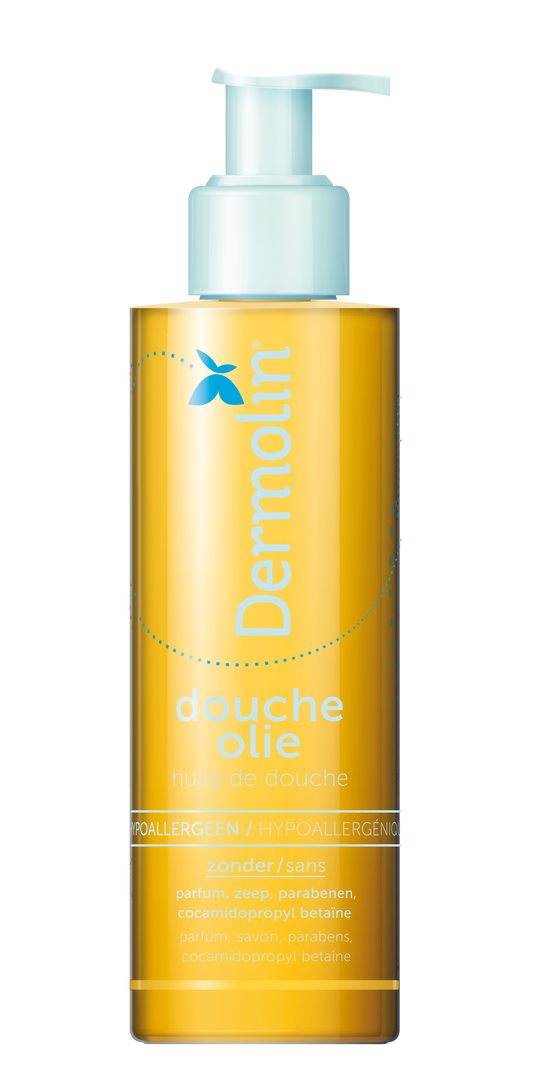 Dermolin Doucheolie 200ml bottle, natural shower gel with nourishing ingredients, shown in a clear plastic container.
