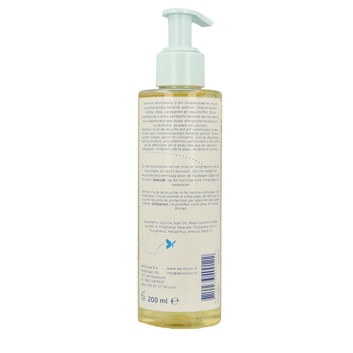 Dermolin Doucheolie 200ml bottle, soothing shower oil with gentle formula, displayed in a clear bottle with label.