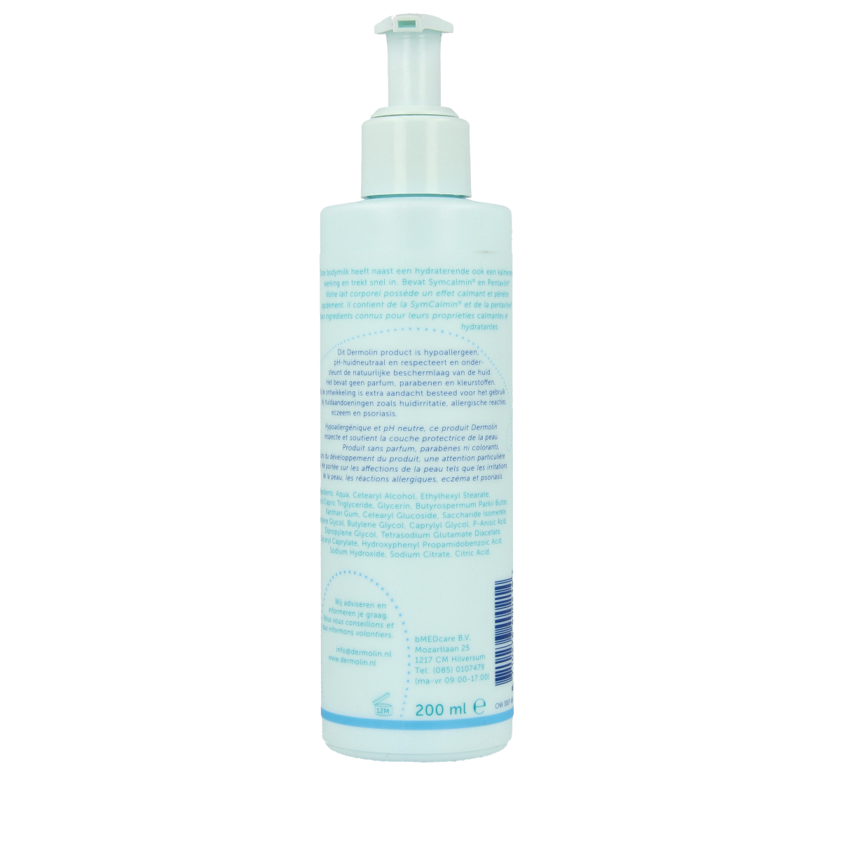 Dermolin Bodymilk 200ml bottle showing creamy lotion in a white container for body skincare.