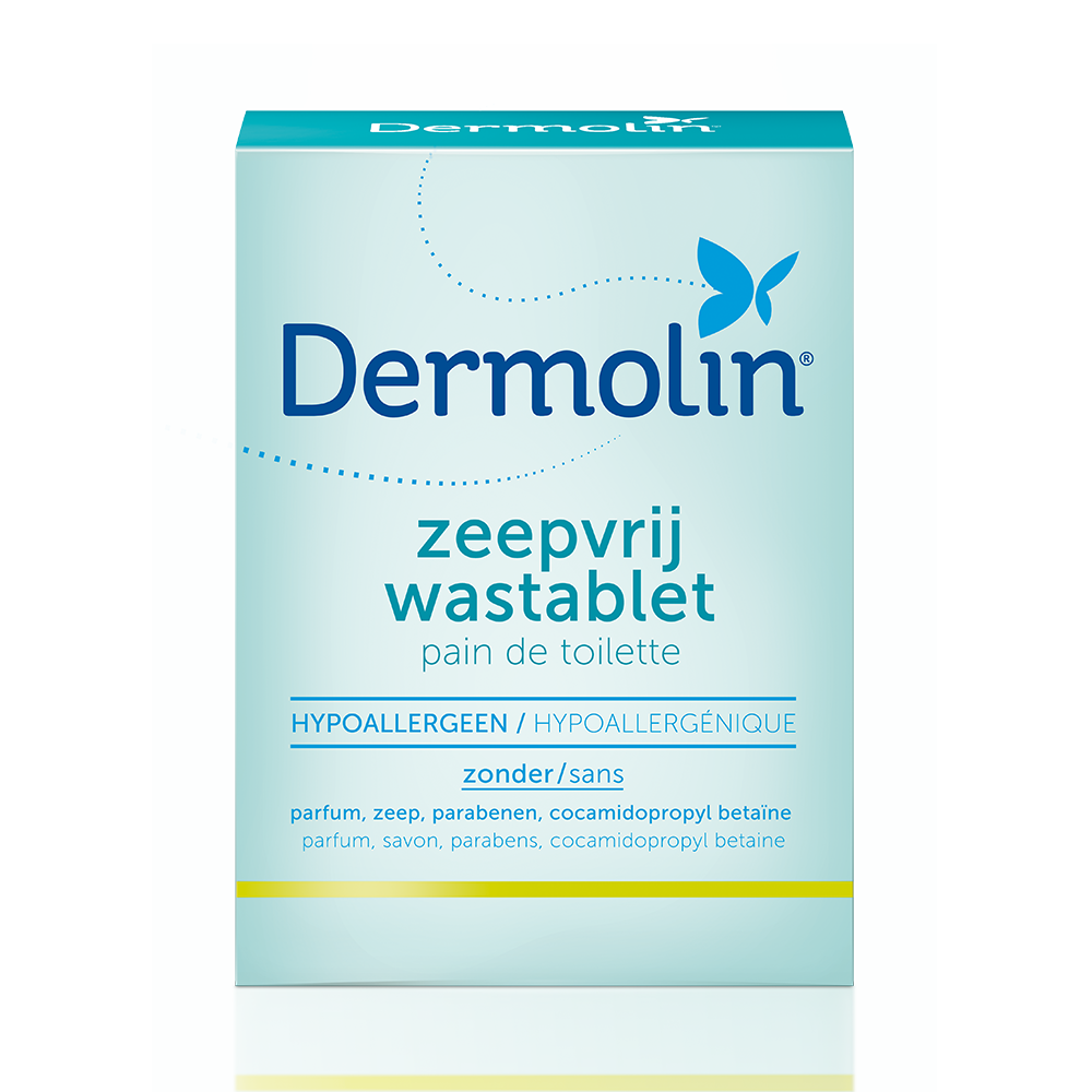 Dermolin Zeepvrij wastablet voor lichaamsverzorging, 100g, afbeelding van het product in de verpakking.