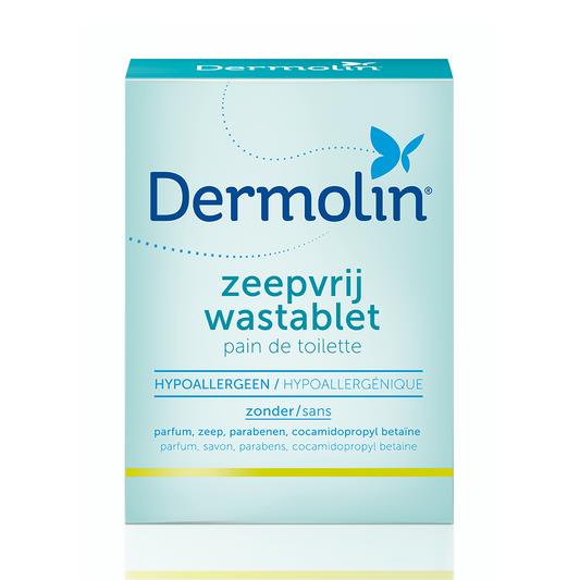 Dermolin Zeepvrij wastablet voor lichaamsverzorging, 100g, afbeelding van het product in de verpakking.