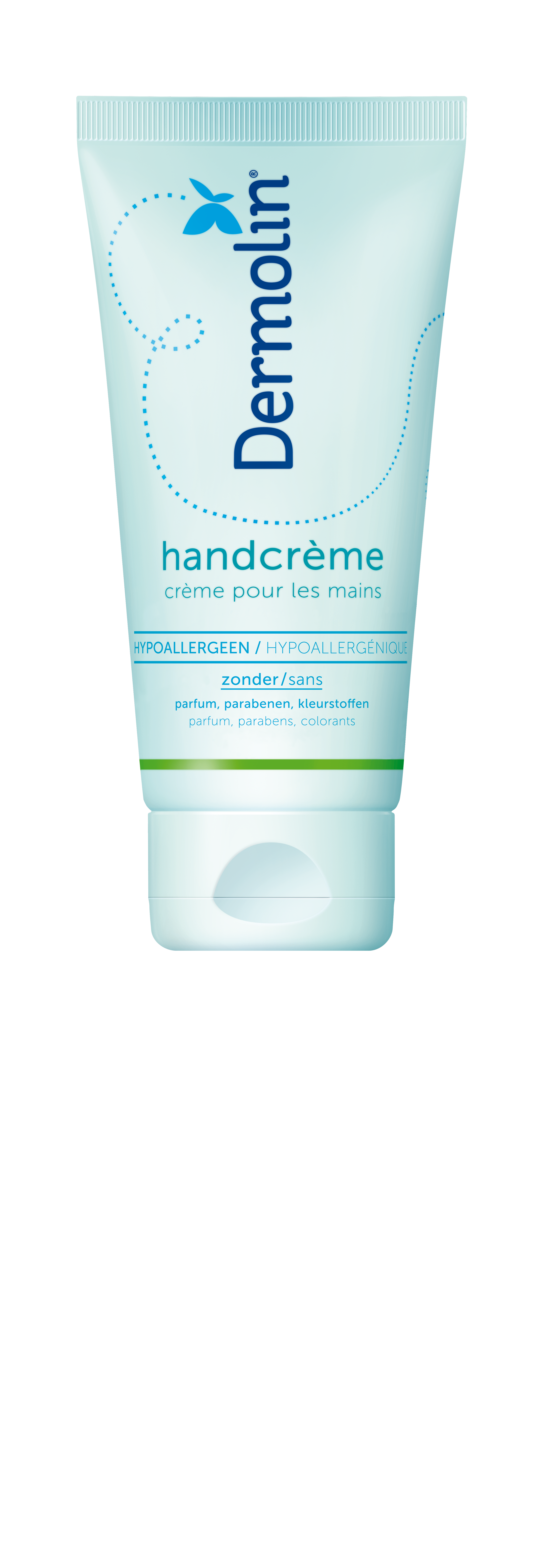 Dermolin Handcreme 75ml tube with white and blue packaging, designed for hand skincare and moisturizing.