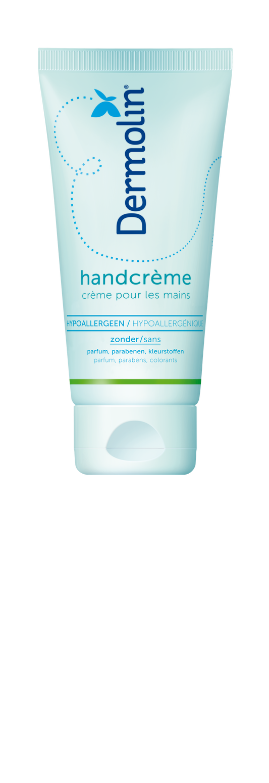 Dermolin Handcreme 75ml tube with white and blue packaging, designed for hand skincare and moisturizing.
