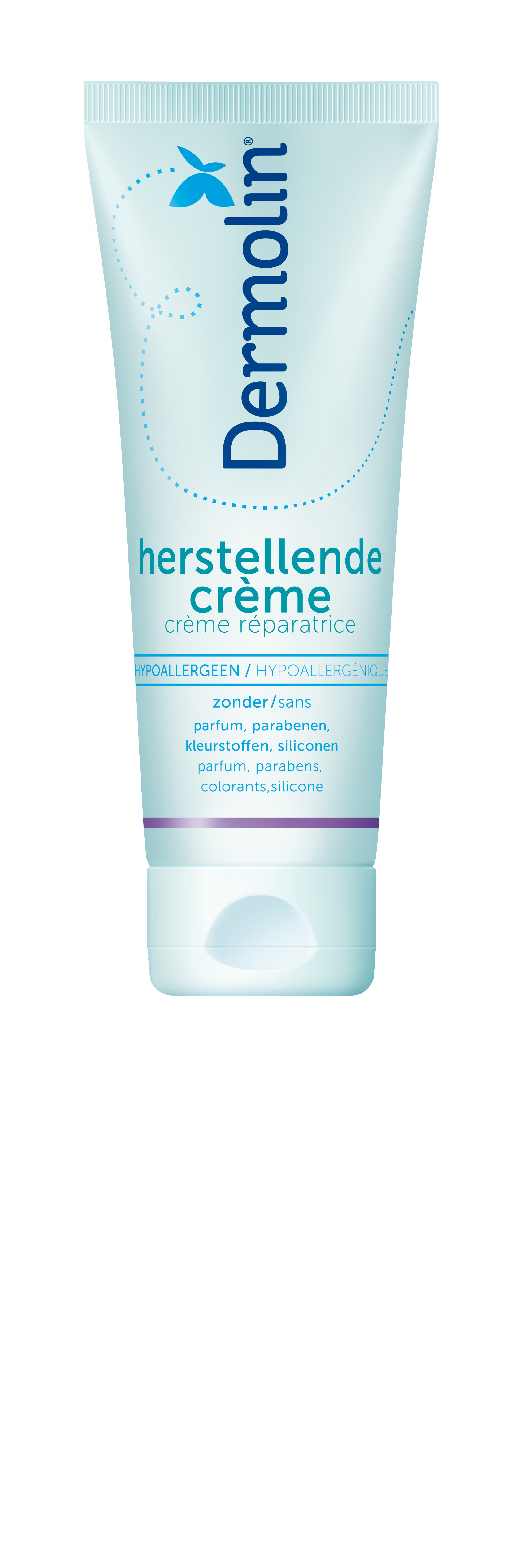 Dermolin Herstellende crème 75ml for body care, featuring a white tube with blue and green accents, on a white background.
