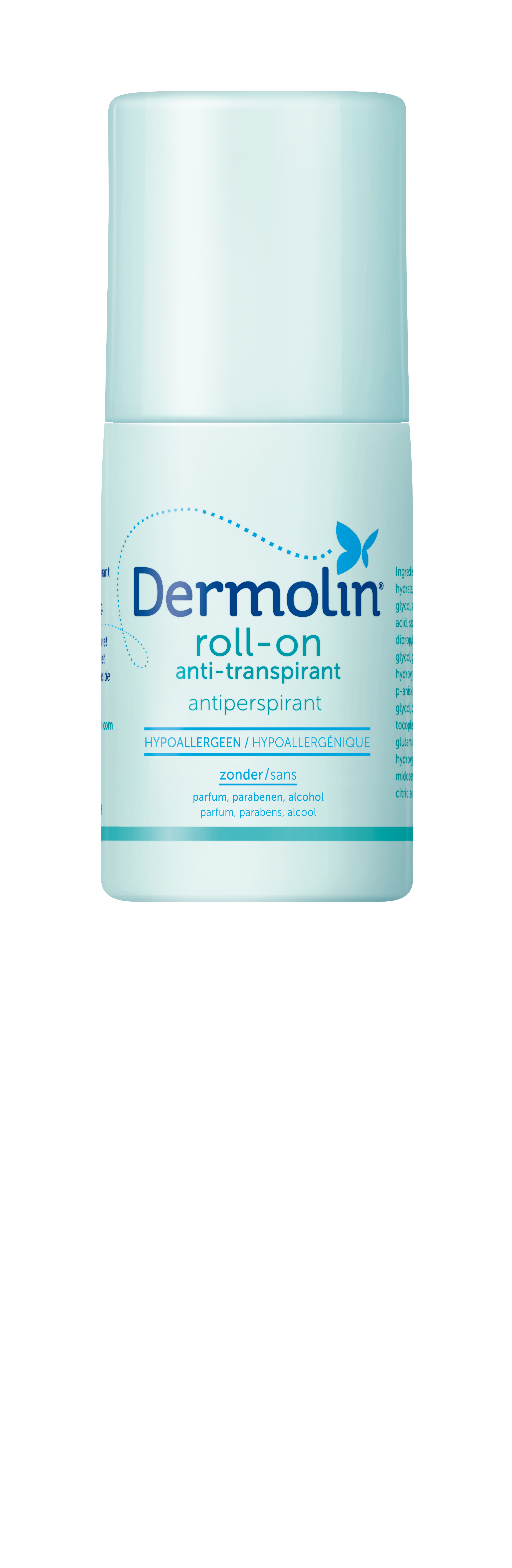 Dermolin anti-transpirant roller deodorant bottle, 50ml, with white cap and clear label showing product details.