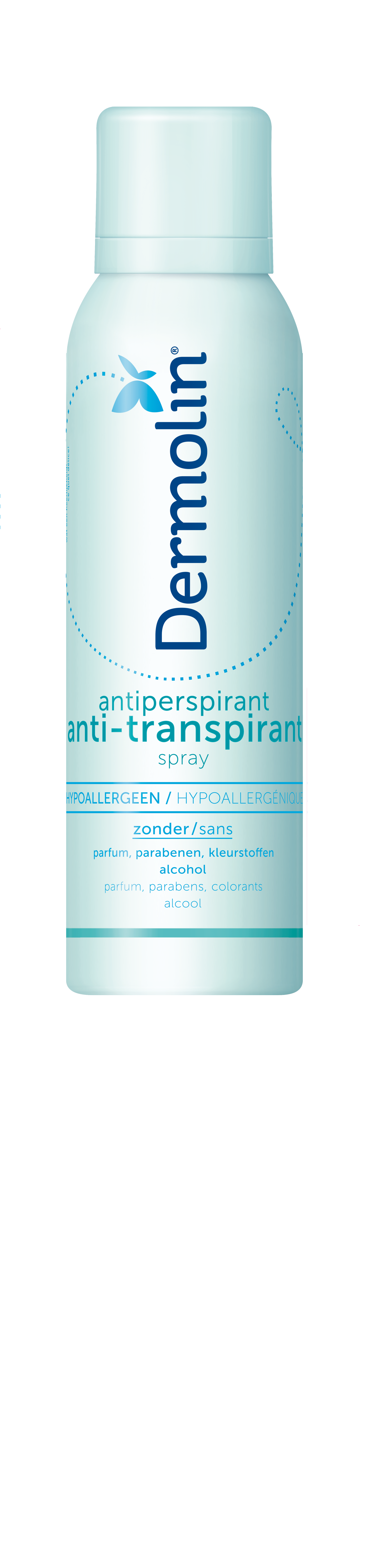 Dermolin Anti-transpirant spray deodorant in 150ml bottle, shown with the spray nozzle visible in the image.