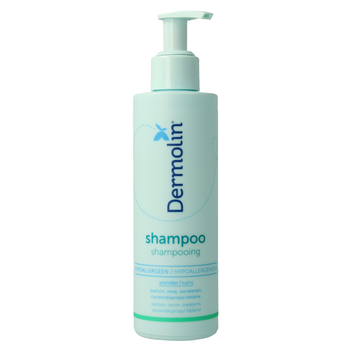 Dermolin shampoo CAPB vrij 200ml bottle, hair care product with white packaging and pump dispenser, gentle shampoo for sensitive scalp