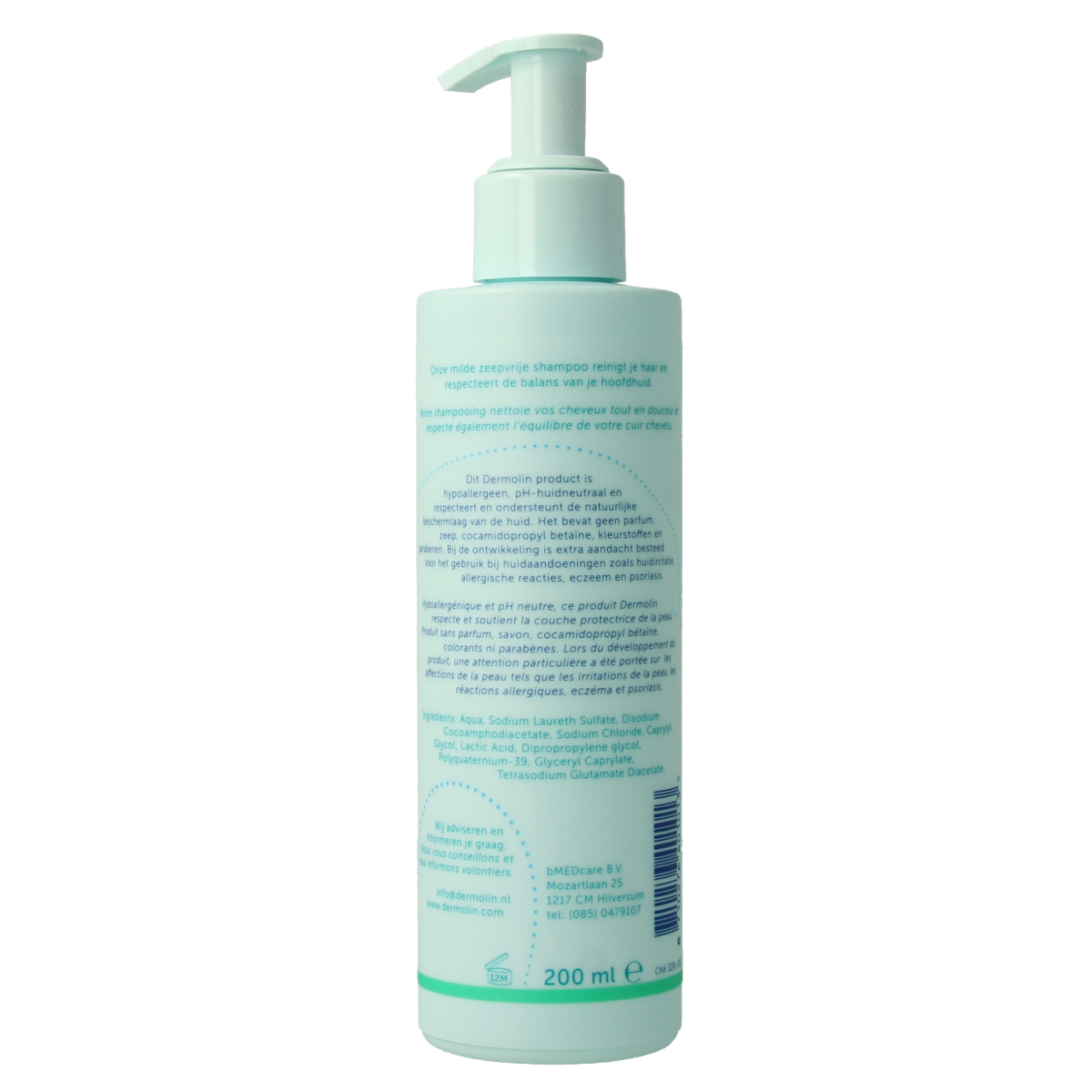 Dermolin shampoo CAPB vrij, 200ml, suitable for hair care, with a clear bottle and label showing the Dermolin brand.