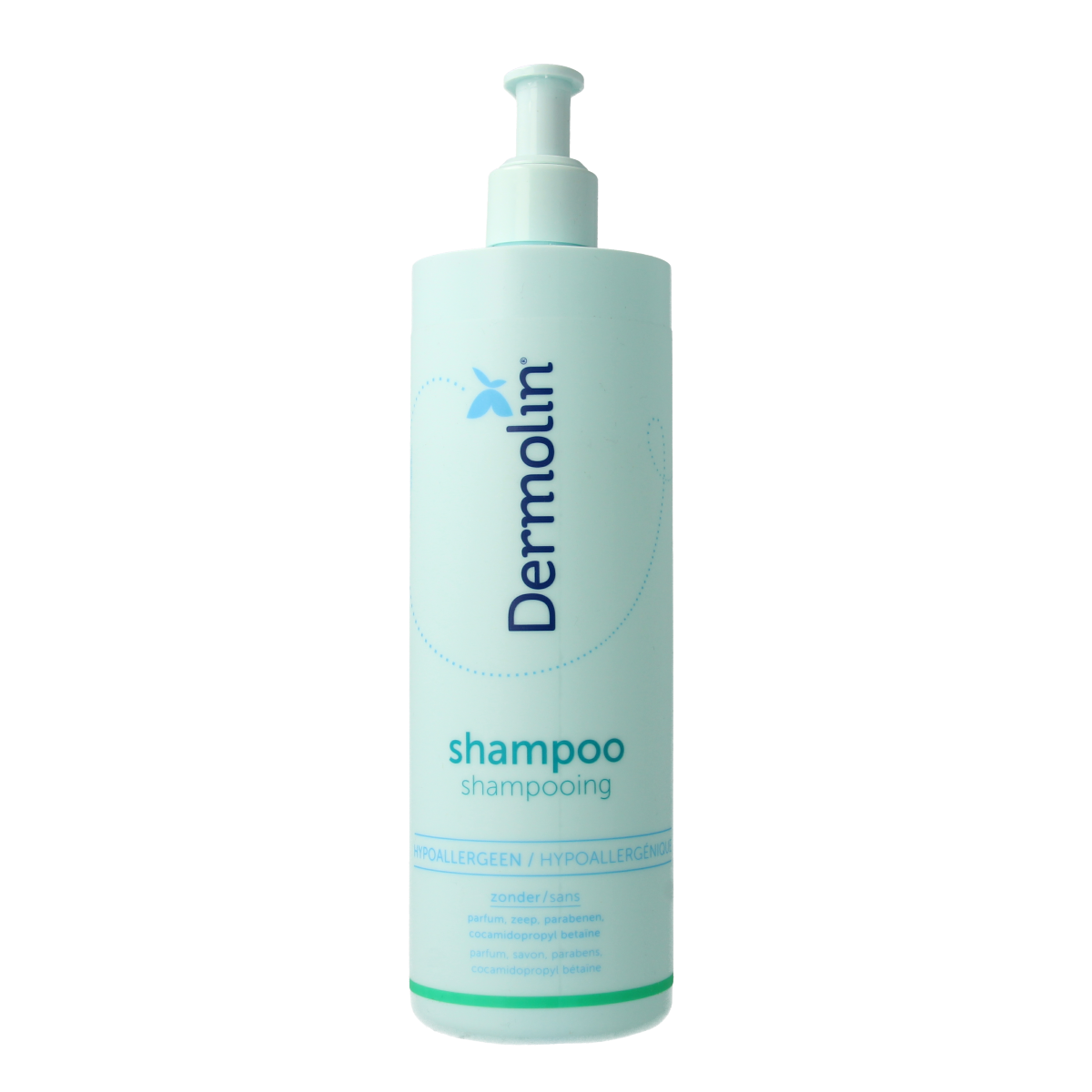 Dermolin shampoo CAPB vrij, 400ml bottle, natural hair care product with gentle, sulfate-free formula for sensitive scalps.