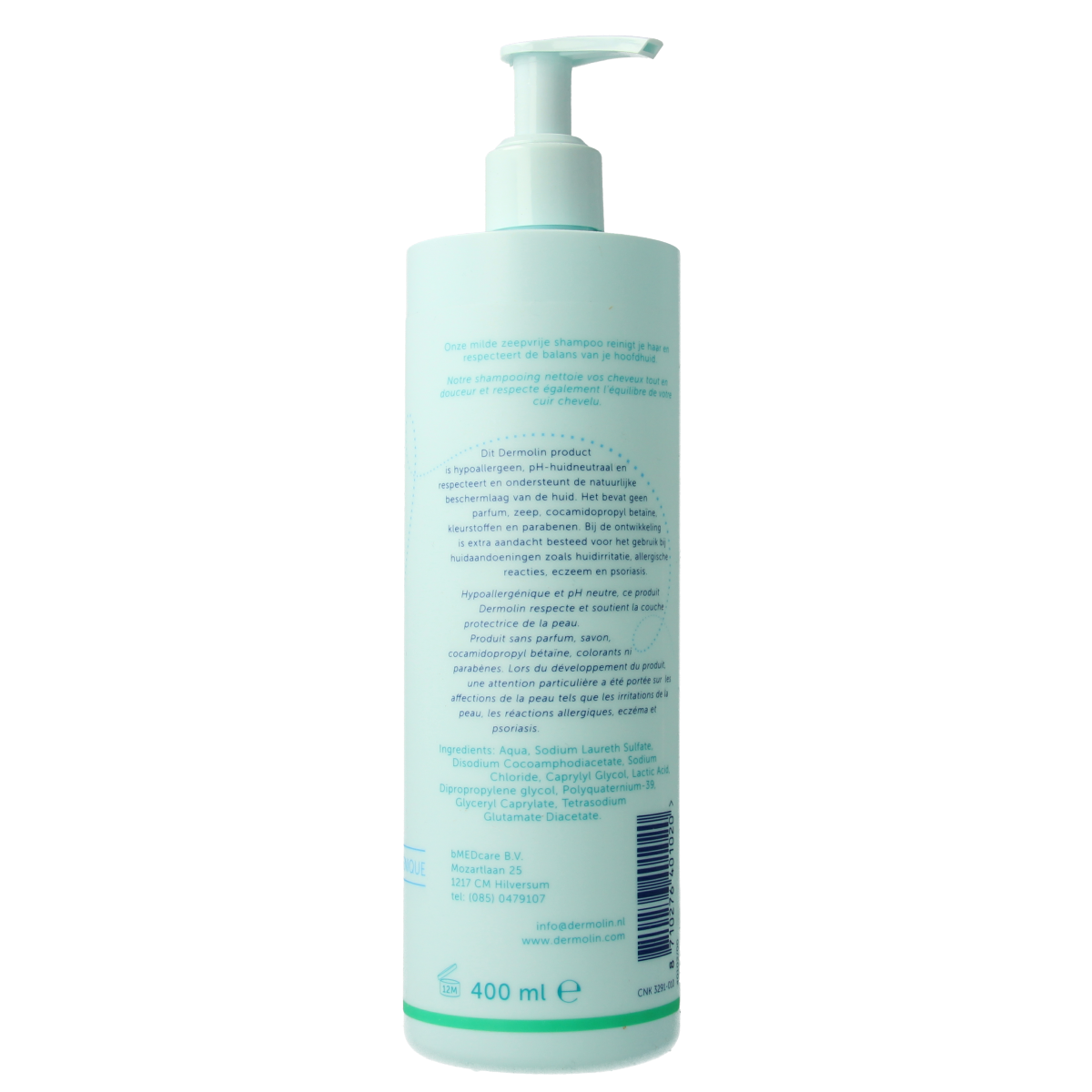Dermolin shampoo bottle with CAPB free label, 400ml, for gentle hair care and cleansing.