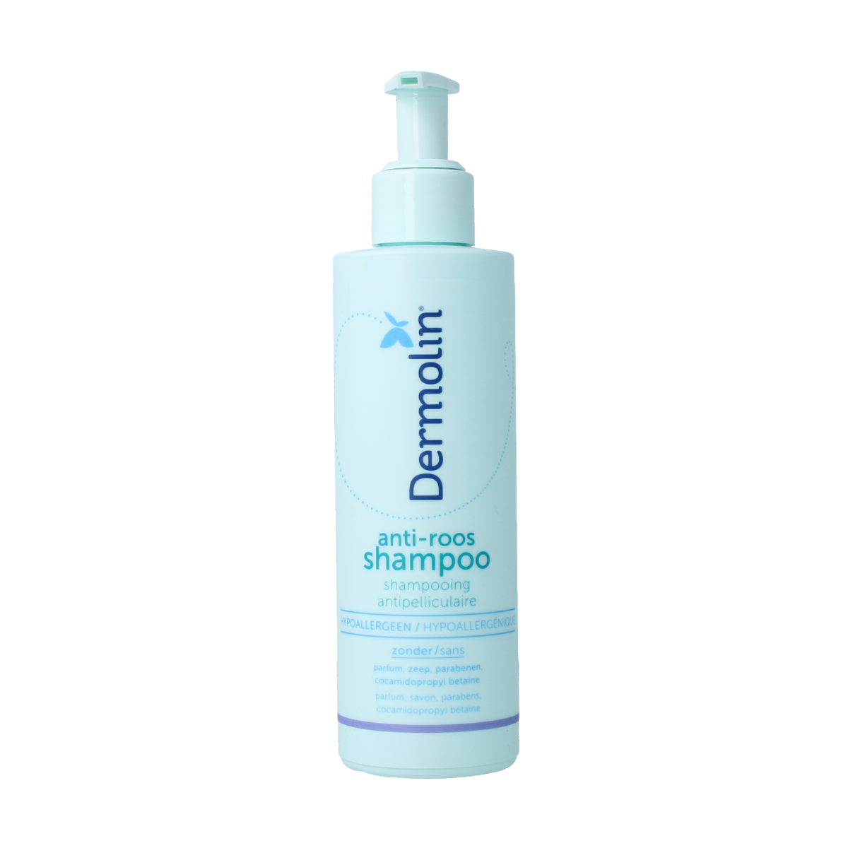 Dermolin anti-dandruff shampoo in a 200ml bottle, free from CAPB, for hair care and scalp health.