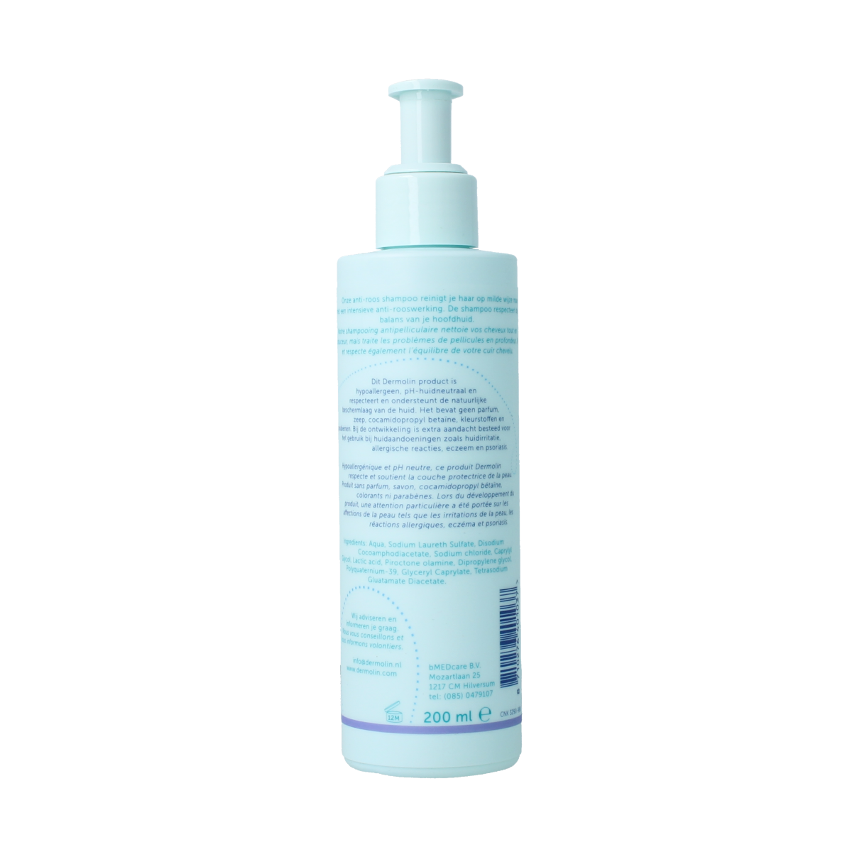 Dermolin shampoo for dandruff relief, CAPB free, 200ml bottle, gentle hair care product for scalp health.
