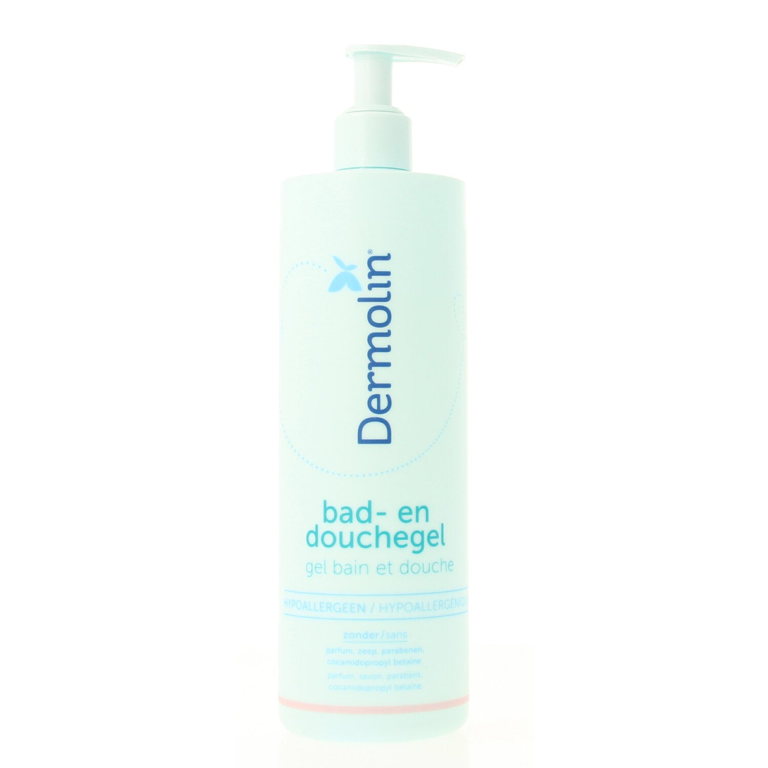 Dermolin CAPB-free bath and shower gel in a 400ml bottle, gentle skin cleanser with a clear liquid appearance.