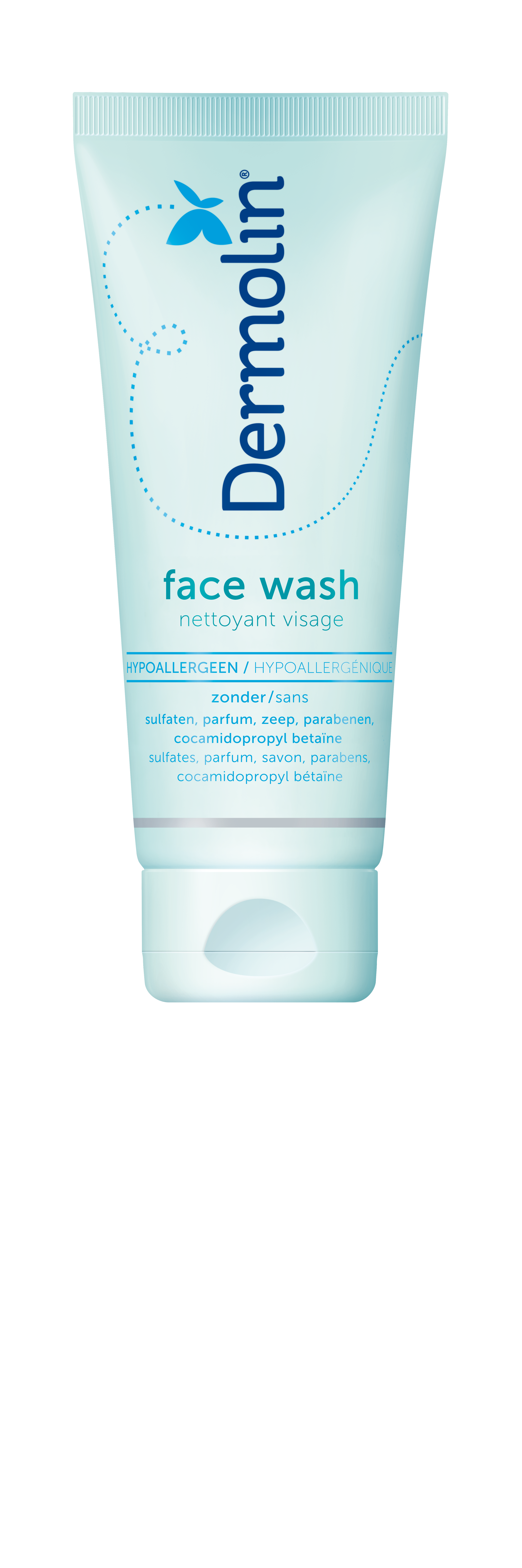 Dermolin Face Wash CAPB Vrij 100ml, gentle facial cleanser for sensitive skin, with natural ingredients and no CAPB.