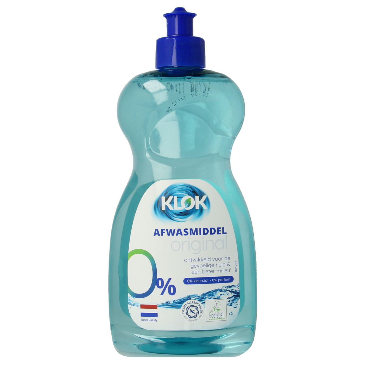 Klok Afwas 500ml dish soap bottle with label showing brand name and product details on a white background.
