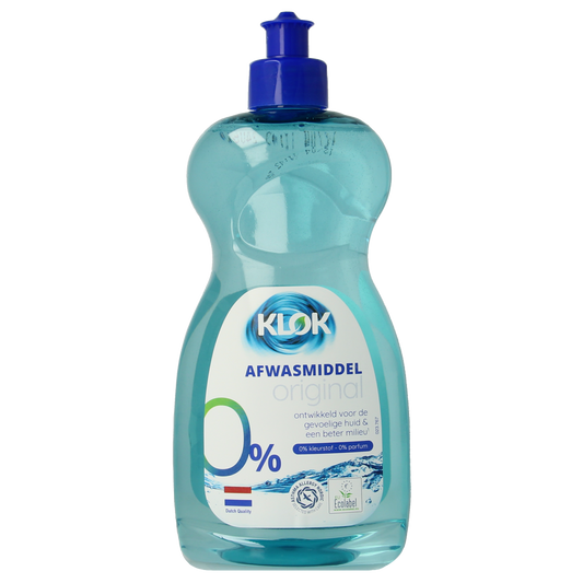 Klok Afwas 500ml dish soap bottle with label showing brand name and product details on a white background.