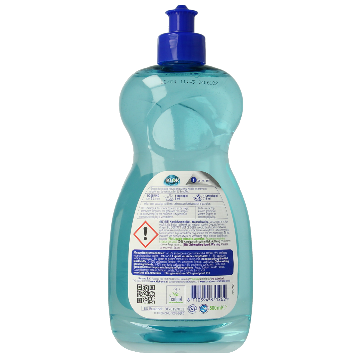 Bottle of Klok Afwas 500ml dishwashing liquid with a green and white label, suitable for cleaning dishes and kitchenware.