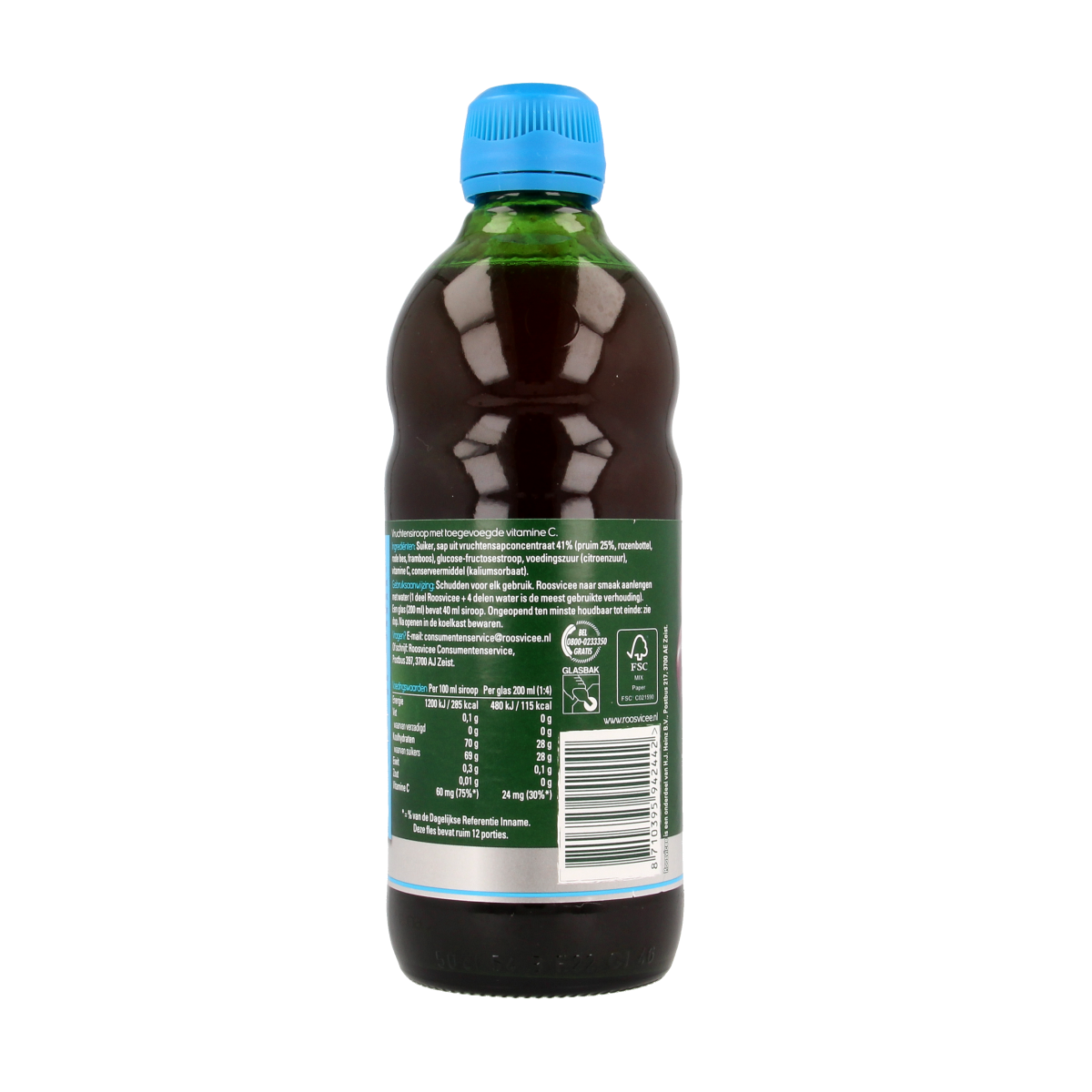 Roosvicee Fruitkracht pruimen drink bottle, 500ml, in clear container with label, for fruit juice and beverage.