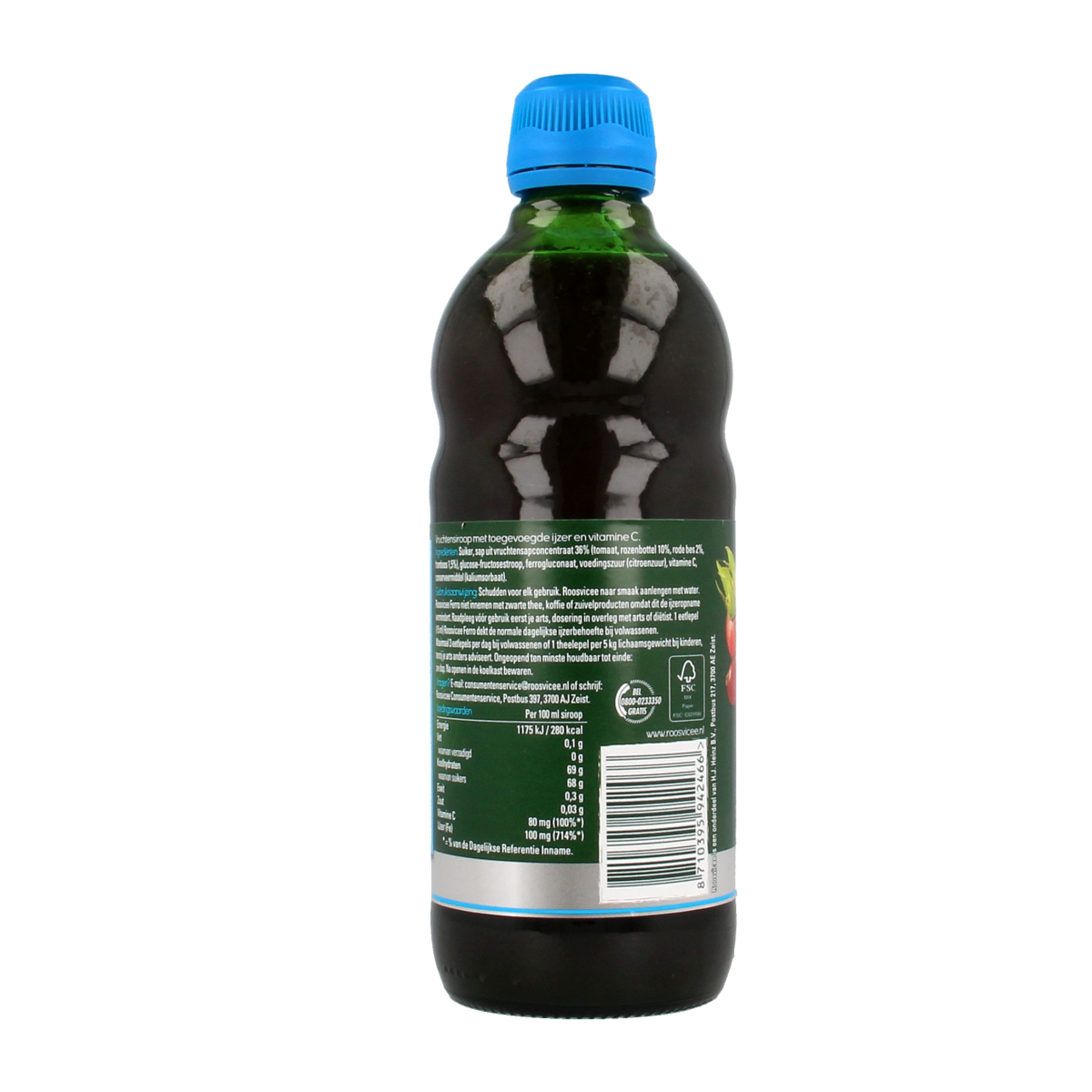 Roosvicee Fruitkracht ferro liquid supplement in a 500ml bottle, part of Roosvicee's fruit juice and drink product line.