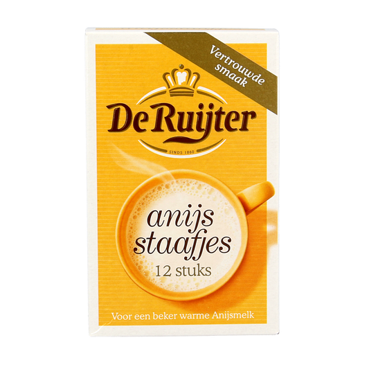 De Ruyter Anijsstaafjes poeder, 75.60 gram, in a clear container, used as a flavoring for sauces and desserts.