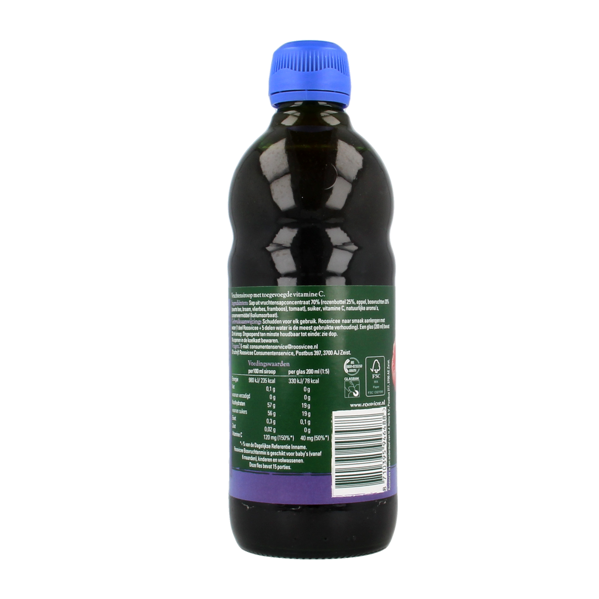 Roosvicee Origineel bosvruchten fruit drink bottle, 500ml, with colorful label and cap, in a clear plastic bottle.