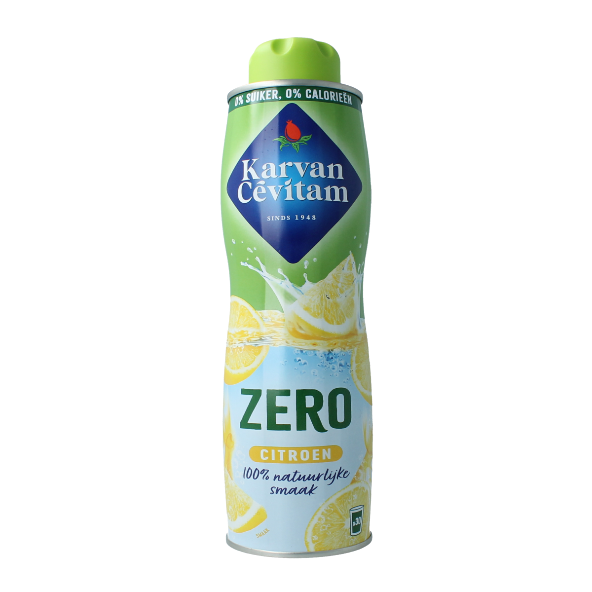 Karvan Cevitam Citroen zero 600ml bottle of citrus-flavored drink, clear plastic bottle with yellow label and lemon illustration.