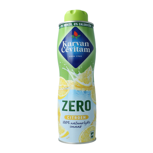 Karvan Cevitam Citroen zero 600ml bottle of citrus-flavored drink, clear plastic bottle with yellow label and lemon illustration.