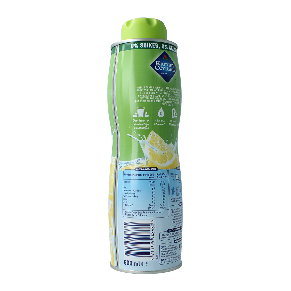 Karvan Cevitam Citroen zero lemon drink in a 600ml bottle, natural citrus flavor, plastic container, label with brand and lemon image