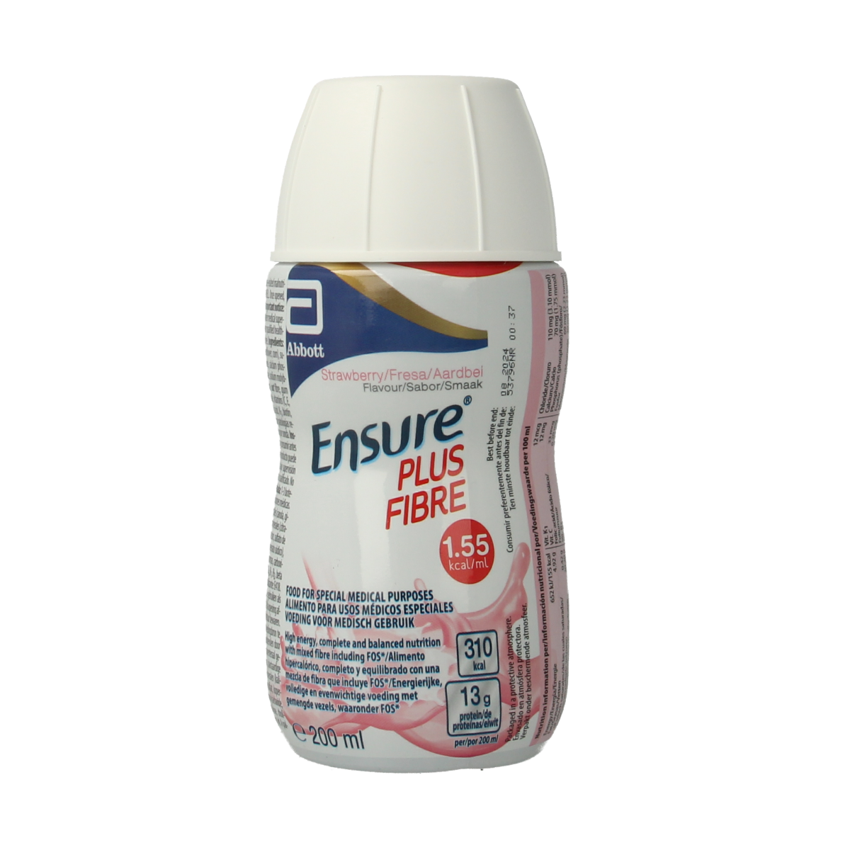 Ensure Plus Fibre aardbei medical diet supplement in 200ml bottle, strawberry-flavored medical nutrition product.