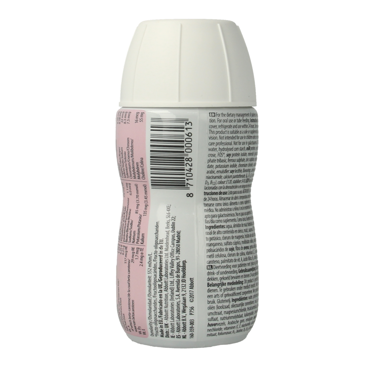 Ensure Plus Fibre aardbei medical diet food bottle with pink strawberry flavor, 200ml, in a clear plastic container.