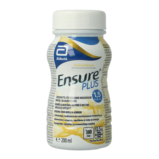 Ensure Plus banaan medische dieetvoeding in 200ml bottle, creamy banana flavor, designed for nutritional support.