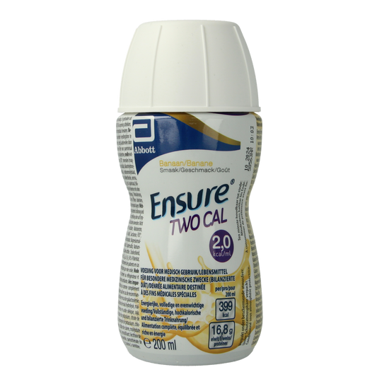 Ensure TwoCal banana nutritional supplement in 200ml bottle, medical diet food by Ensure, with banana flavor and packaging visible.