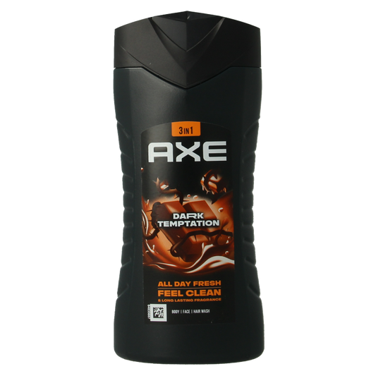 AXE Dark Temptation shower gel in 250ml bottle, featuring dark packaging with a sleek design, for a refreshing shower experience.
