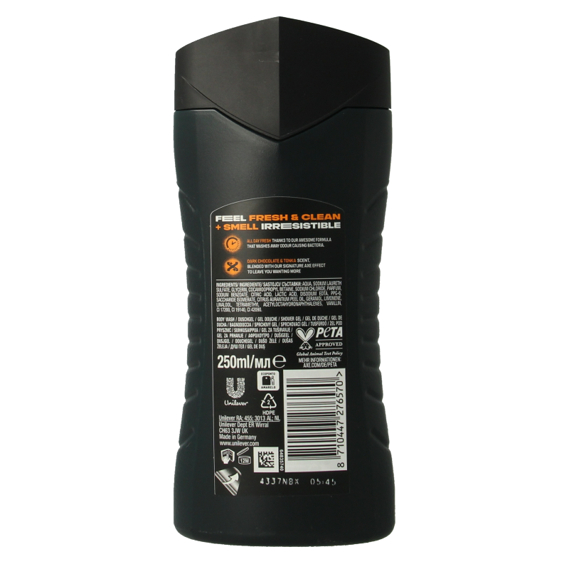 AXE Dark Temptation shower gel in 250ml bottle, dark brown packaging, with a sleek design for men's body and shower use.