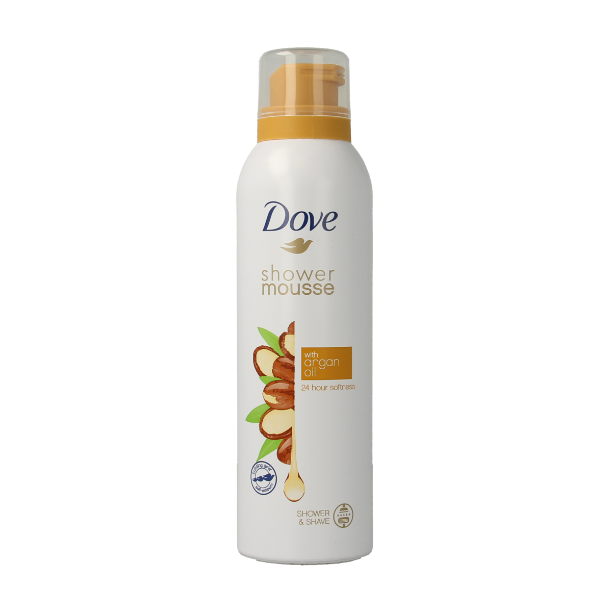 Dove shower mousse with argan oil in 200ml, showing the white foam and sleek bottle design on a white background.