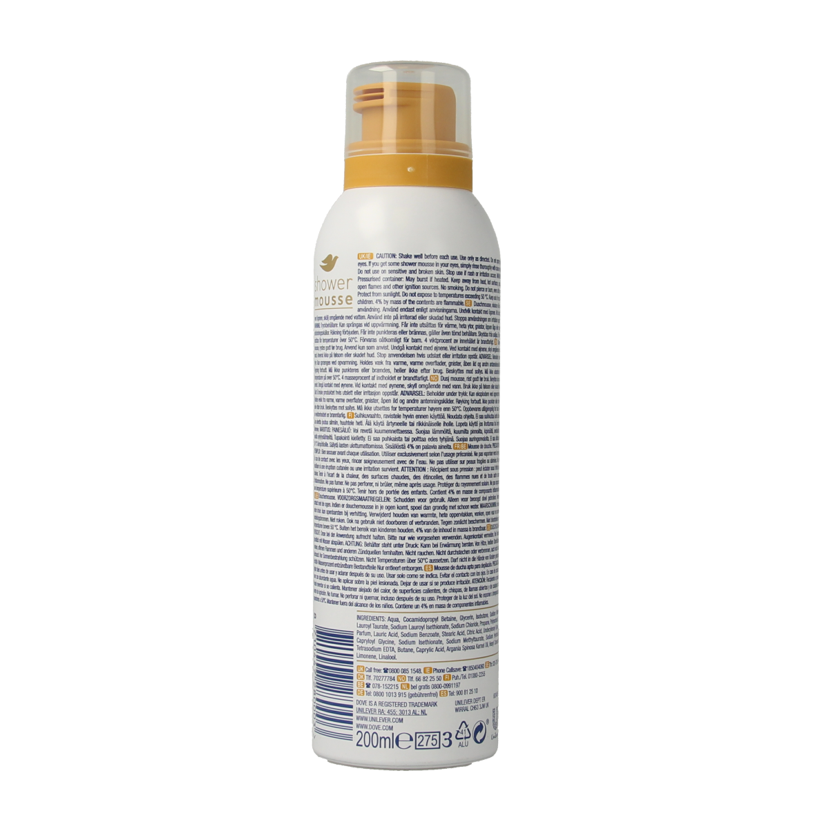 Dove argan oil shower mousse in a 200ml bottle, creamy texture, suitable for nourishing skin during shower.