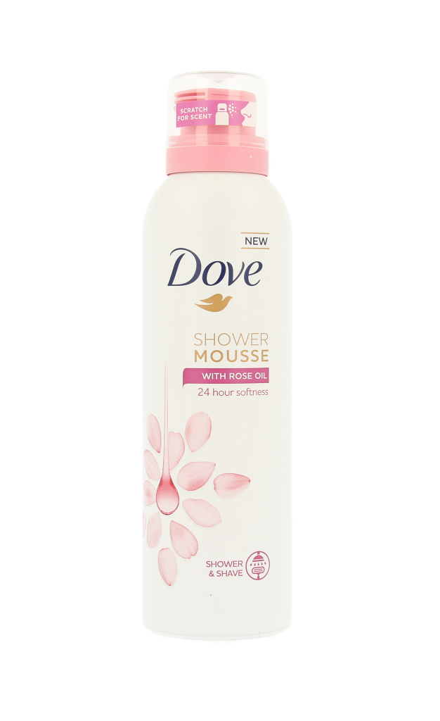 Dove Shower Mousse Rose Oil 200ml, creamy pink foam in a pump bottle, ideal for gentle cleansing and moisturizing skin.