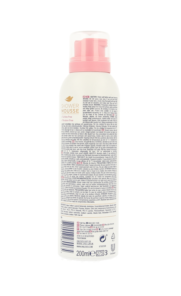 Dove Rose Oil Shower Mousse in 200ml bottle, gentle bath and body foam with floral scent, for soft, nourished skin