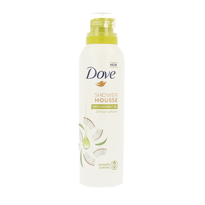Dove Coconut Oil Shower Mousse in a 200ml bottle, creamy foam for gentle cleansing and moisturizing during shower.