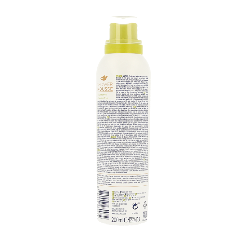 Dove coconut oil shower mousse in a 200ml pump bottle, with fluffy foam and coconut scent for cleansing and moisturizing skin.