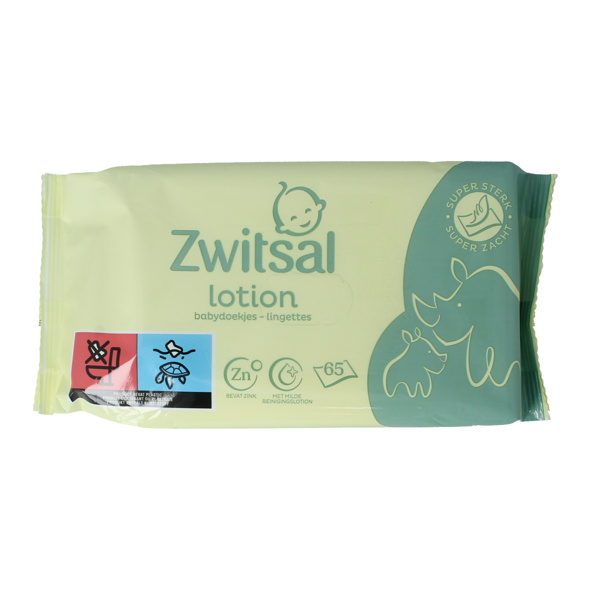 Zwitsal baby wipes lotion pack with 65 wipes, soft and gentle for sensitive skin, in a resealable packaging designed for baby care.